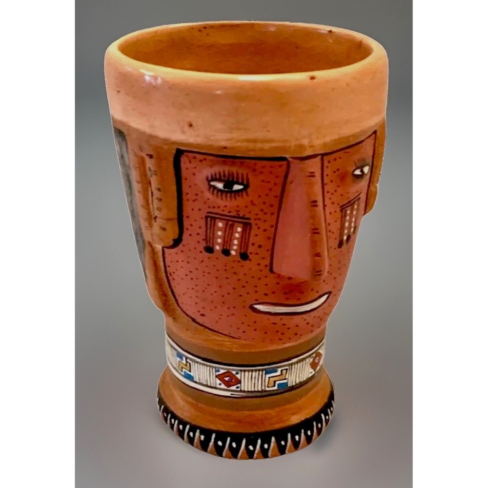 Vintage Pre Columbian Wari Cup Pottery Vessel Face Mask Peru Decor Folk Art Kero